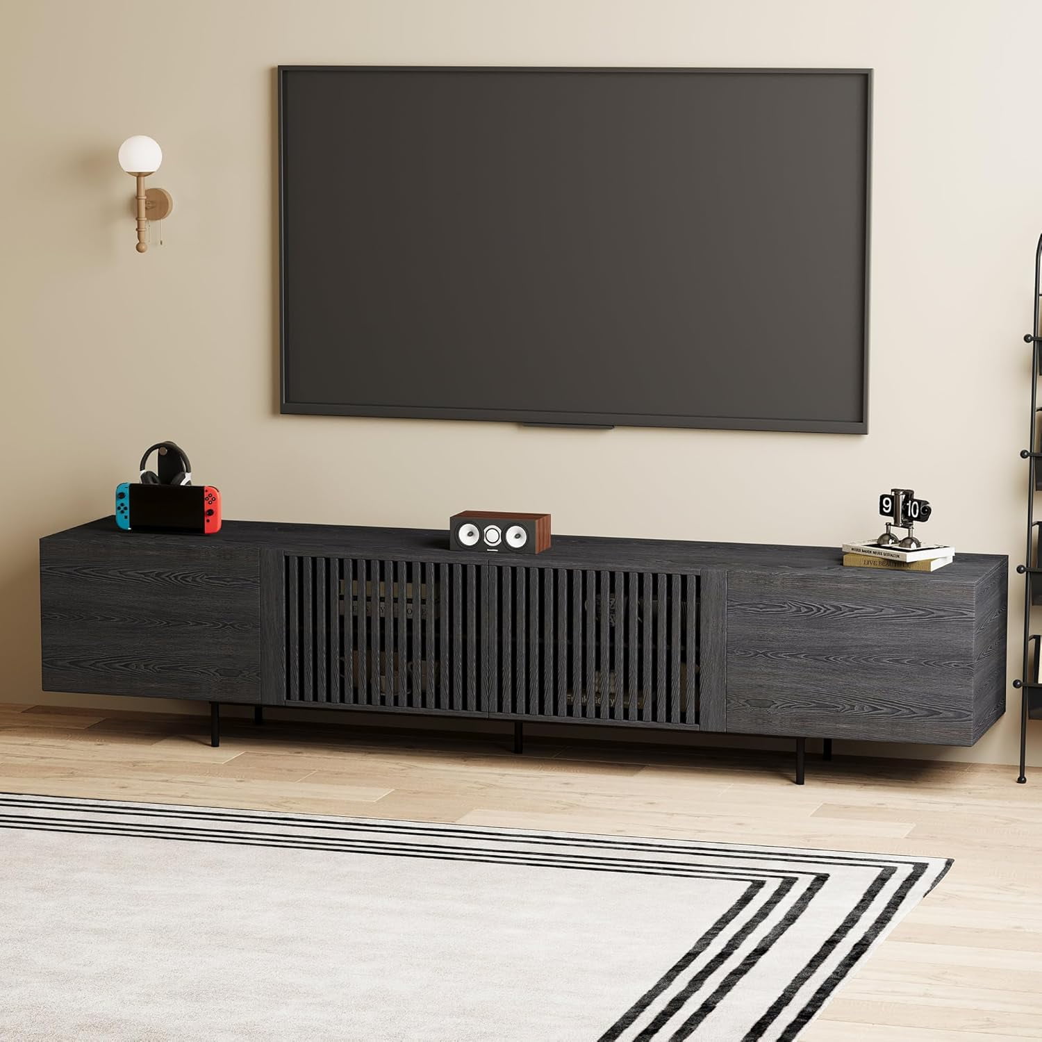 Mid Century Modern Black TV Stand for 80 Inch and Larger TVs, 94.48" Media Console with Solid Wood Slatted Doors, Metal Base, Stylish Entertainment Center for Living Room or Bedroom