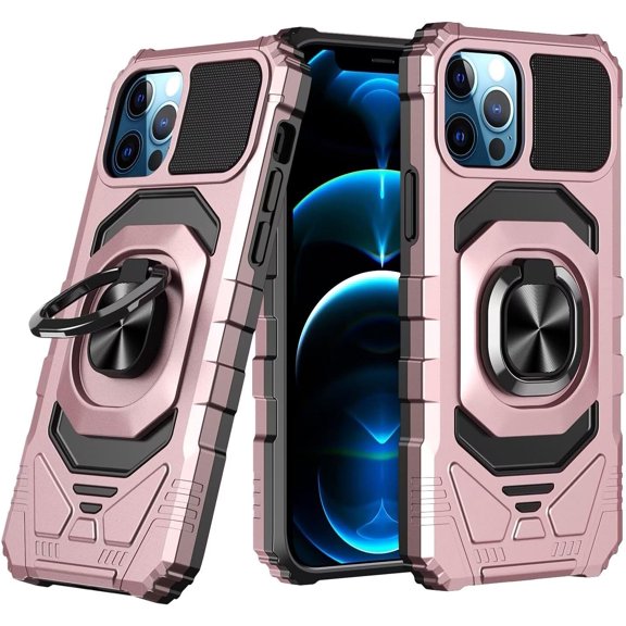 Case for iPhone 13 Pro,Military-Grade Metal Ring Car Holder [Built-in Kickstand] Heavy Duty Shockproof Protection TPU PC Phone Case for iPhone 13 Pro,6.1 Inch 2021 (Rose Gold)