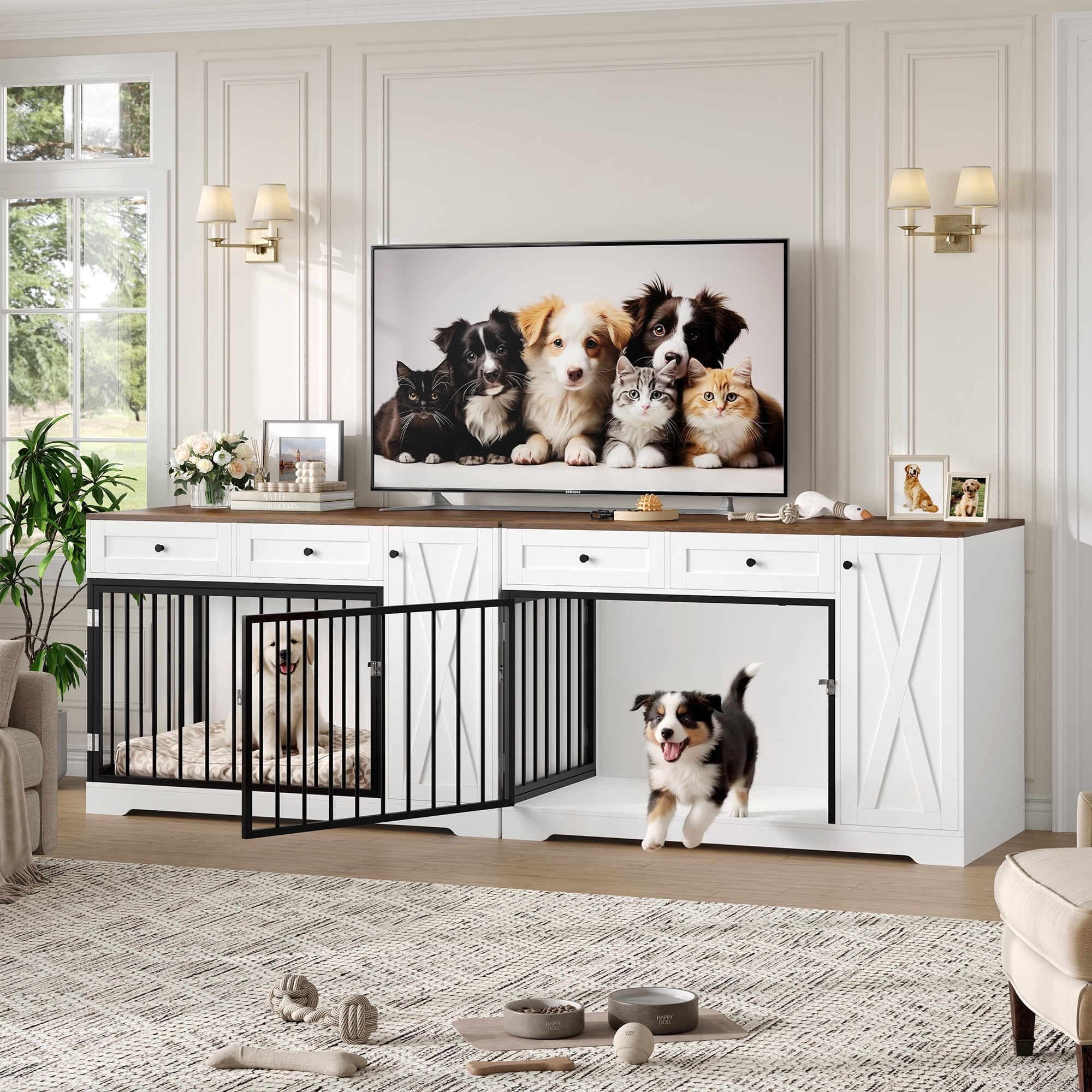 Homfa Dog Crate with Storage Cabinet and 2 Drawers, Indoor Furniture Style Wooden Large Dog Kennel, White