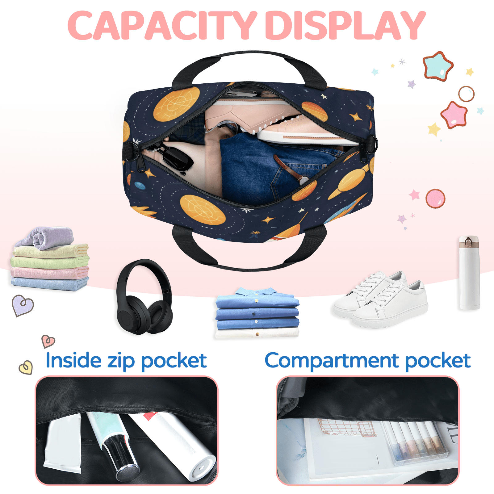 Herdesigns Space Rocket Galaxy Travel Duffle Bag Sports Yoga Weekender Overnight Carry on Workout Bags Lightweight Waterproof Gym Tote Bag for Women