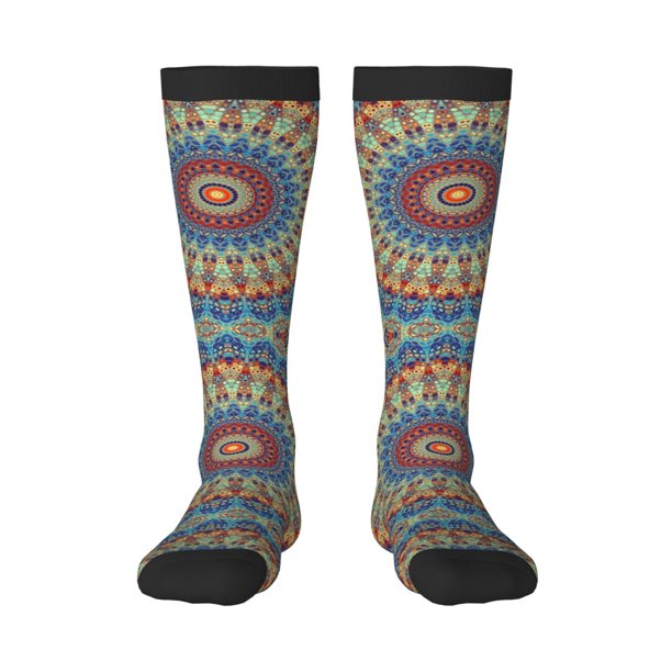 Fotbe Round Mandala Calcetas Divertidas Estampadas para Hombre y Mujer, Calcetas de Algodón hasta la Rodilla para Caminar, Correr, Enfermería y Embarazo