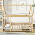 thumbnail image 5 of Full Size Floor Wooden Bed, Montessori Bed with House Roof Design and Fence Guardrails, Playhouse Bed for Kids, Nartural, 5 of 9