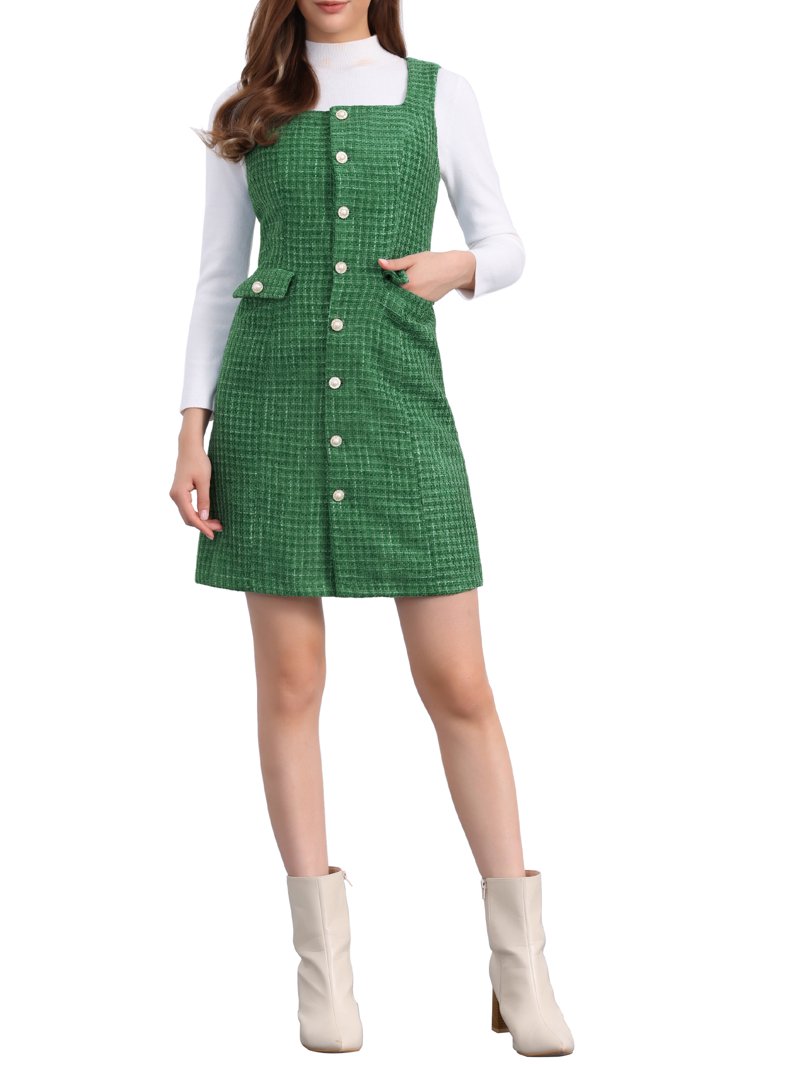 green emerald velvet dress Green Braid Neck Double Pocket Shift Tweed Dress