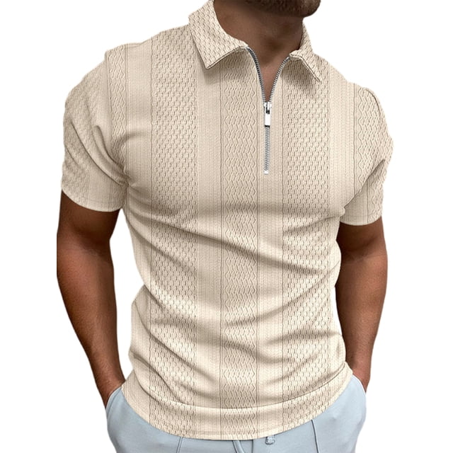 MAWCLOS T-Shirts pour Hommes Manches Courtes Été Hauts Polo Rayé Décontracté Plage Col à Revers Tee Kaki Clair 2TG