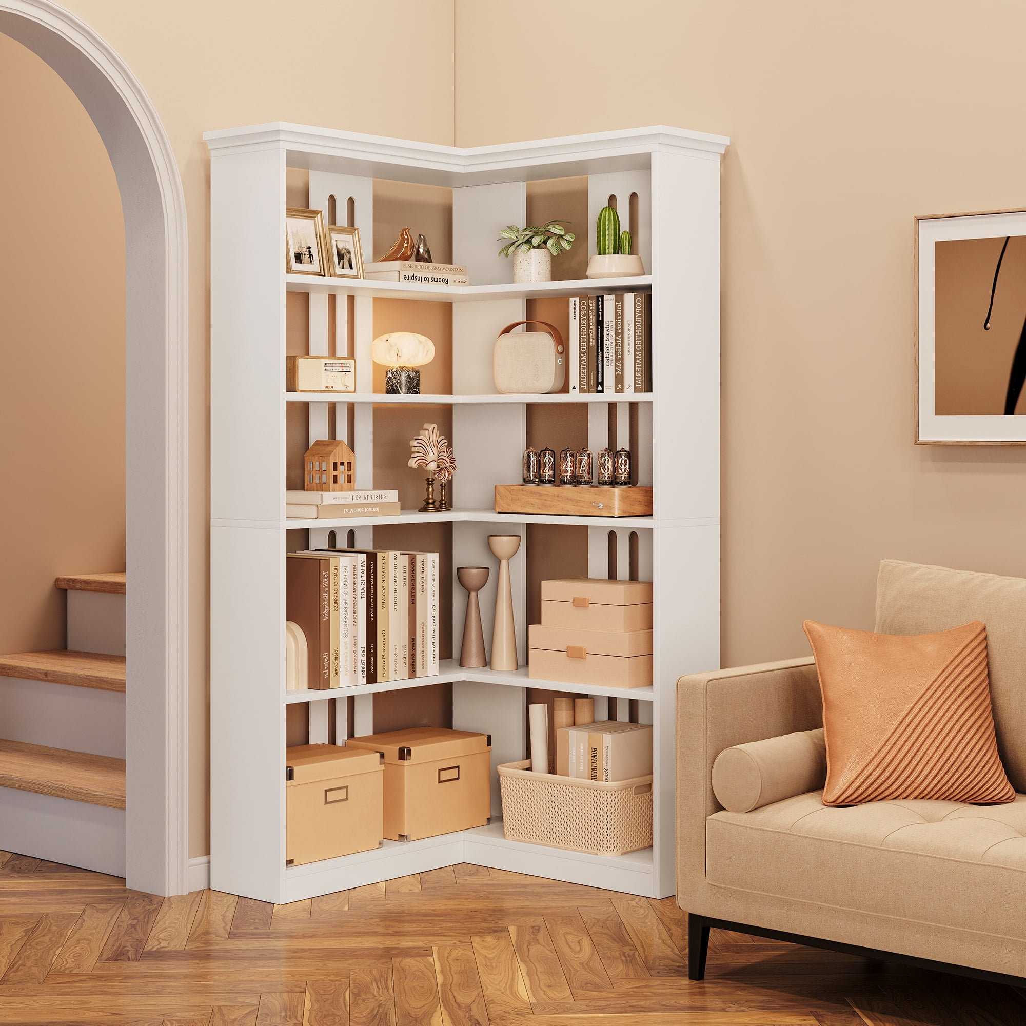 Riedhoff 72.8" Large Wood Bookcase, 5 Tier Corner Shelf, L Shaped, White
