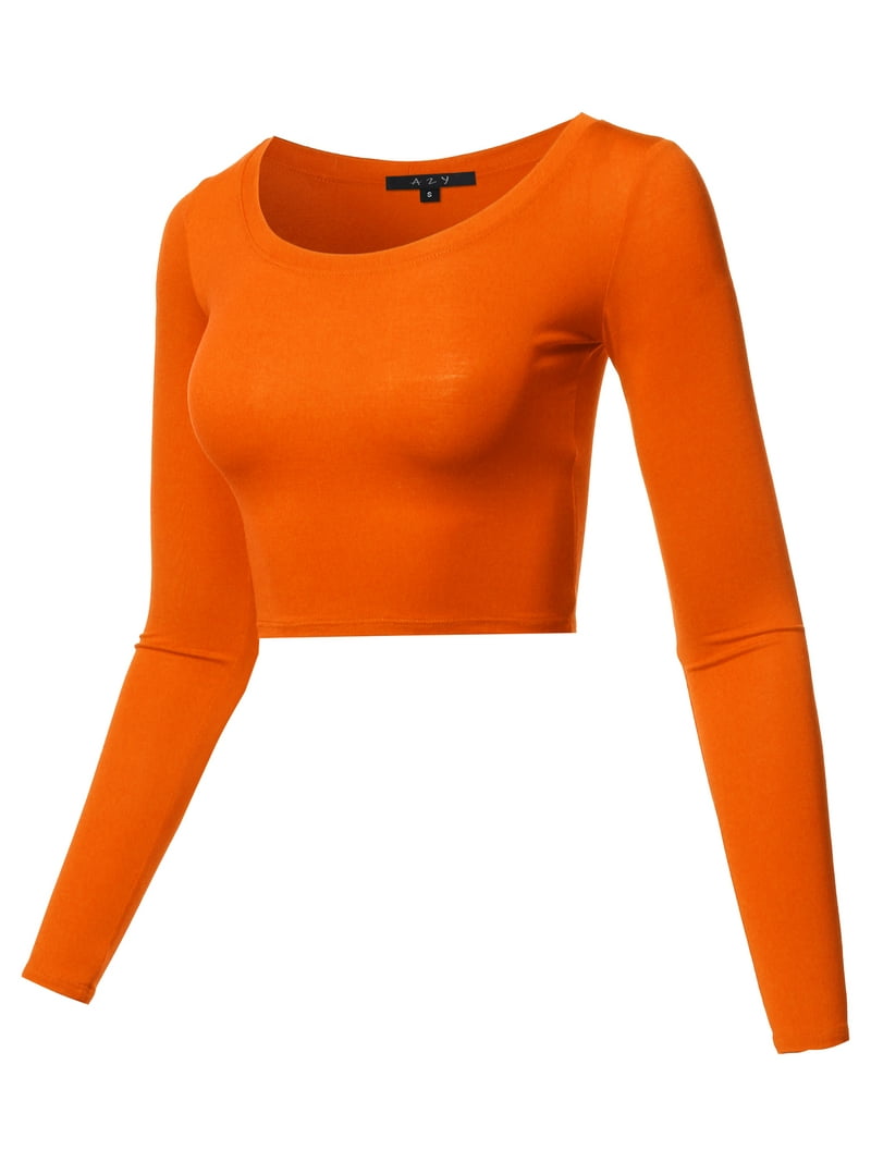 A2Y Women's Basic Solid Stretchable Scoop Neck Long Sleeve Crop