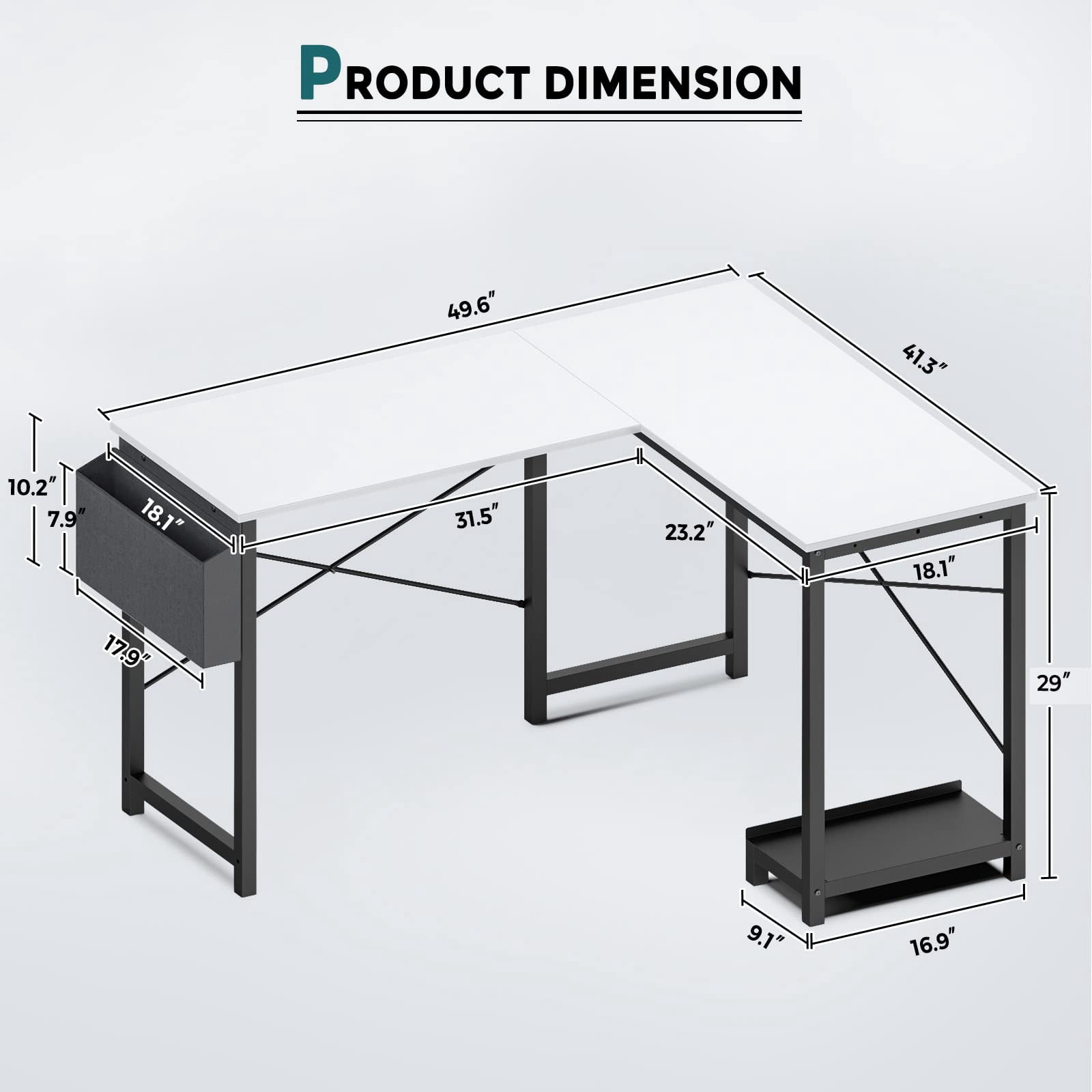 L Shaped desk, Gaming Study Writing Tables with Side Storage Bag and CPU Stand Shelf, 49 Inch, White Wood