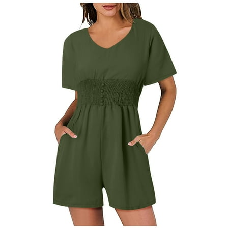 Fsqjgq Jumpsuits for Women Plus Size Rompers Bodysuit Overalls for Women Jumpsuit Summer V Neck Button Short Ruffle Sleeve Smocked Mini Short Romper Bib Overalls Jumpsuits Summer Casual Off Should
