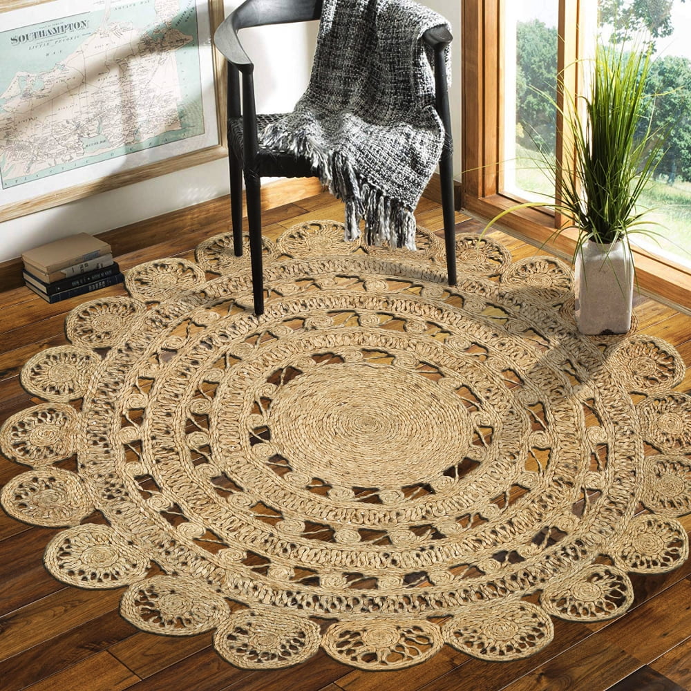 Woven Paths Sunshine Golden Natural Jute Area Rug, 4' Round, Natural