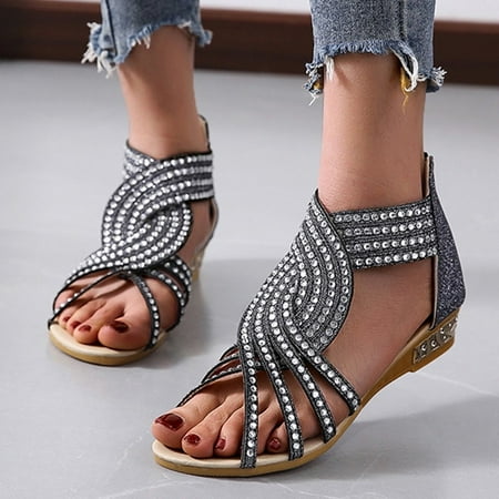 

MIASHUI shoes for women Spring And Summer Women Wedges Open Toe Breathable Sandals Zipper Casual Rhinestones Shoes