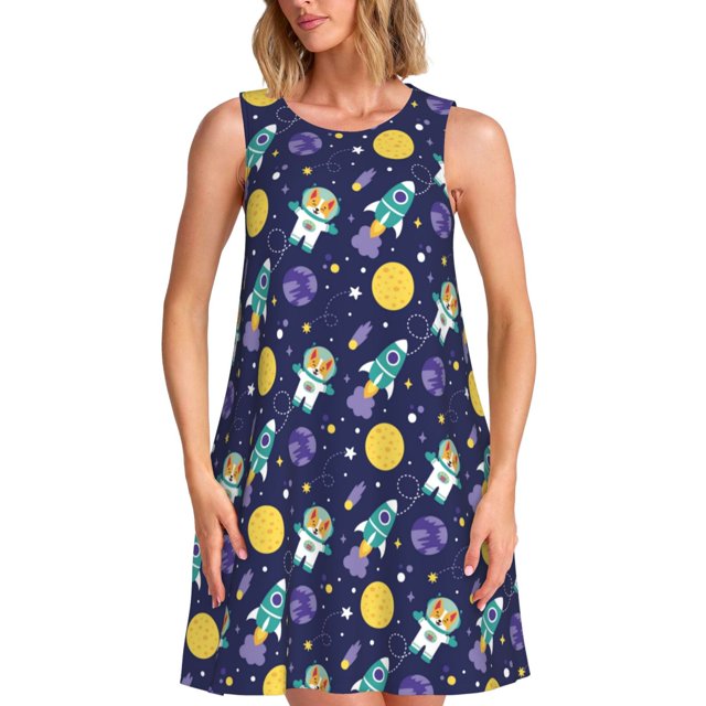 Disketp Astronaut Corgi para Vestido sin Mangas para Mujeres, Vestidos de Verano para Mujeres, Casual y Holgado para la Playa