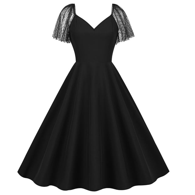 AherBiu Robe Vintage pour Femmes Années 1950 en Mousseline, Manches Courtes à Cap, Rétro, Froncée, à Volants, Robe Midi pour Retour à la Maison