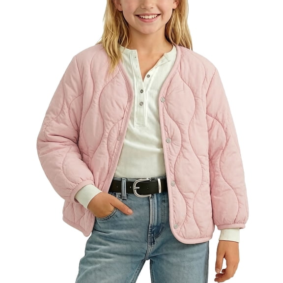 Cethrio Girls Puffer Jackets Size 7-8T, Long Sleeve Lightweight Warm Buttons Winter Outerwear with Pockets Pink Size 7-8T