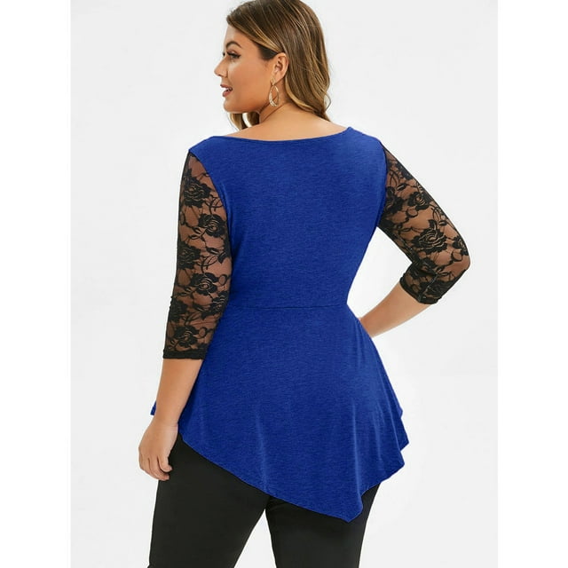 Babysbule Liquidation de Hauts pour Femmes Grande Taille Femmes Uni Dentelle Florale Col Rond Asymétrique Hauts Trois Quarts Blouse