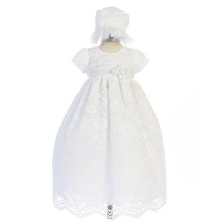 Baby Girls White Lace Floral Long Baptism Dress Bonnet Set