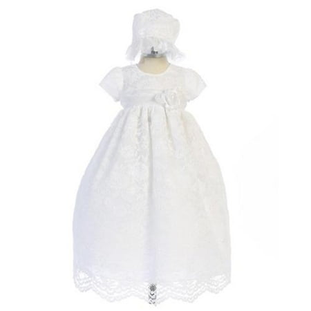 Baptism Bonnet - Baby Girls White Lace Floral Long Baptism Dress Bonnet Set 3-9M