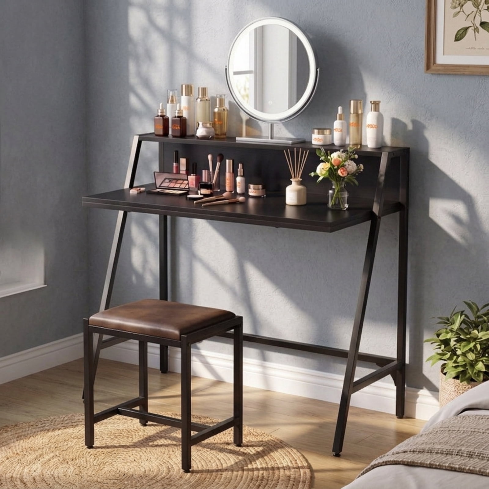 Furnibear 31.5" Industrial Computer Desk with Raised Shelf, Small Writing Desk with Metal Frame for Home Office Bedroom Study Small Spaces, Black