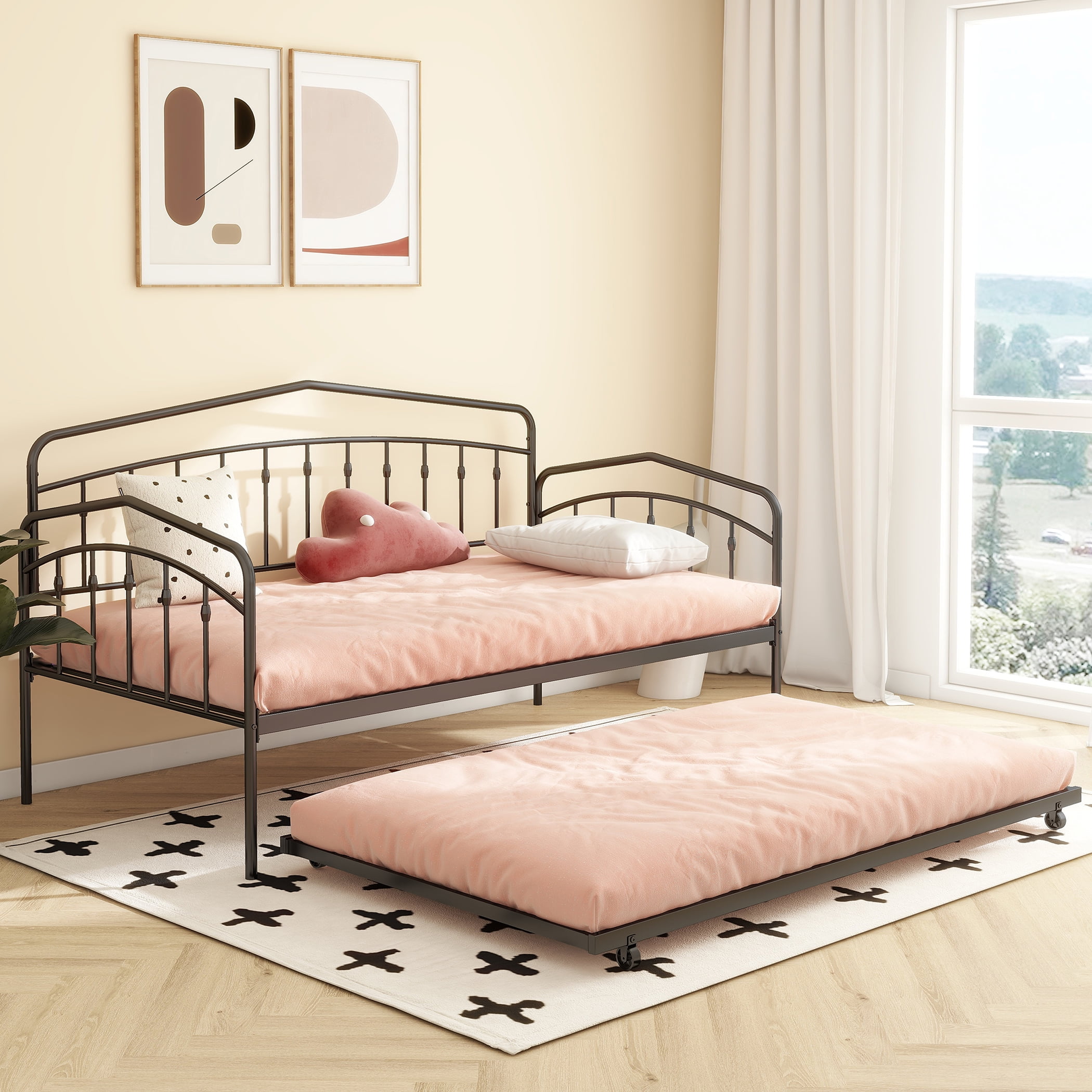 Miniyam Metal Twin Daybed with Pull Out Twin Trundle,Trundle Bed for Living Room Guest Room,Black(Mattress not included)