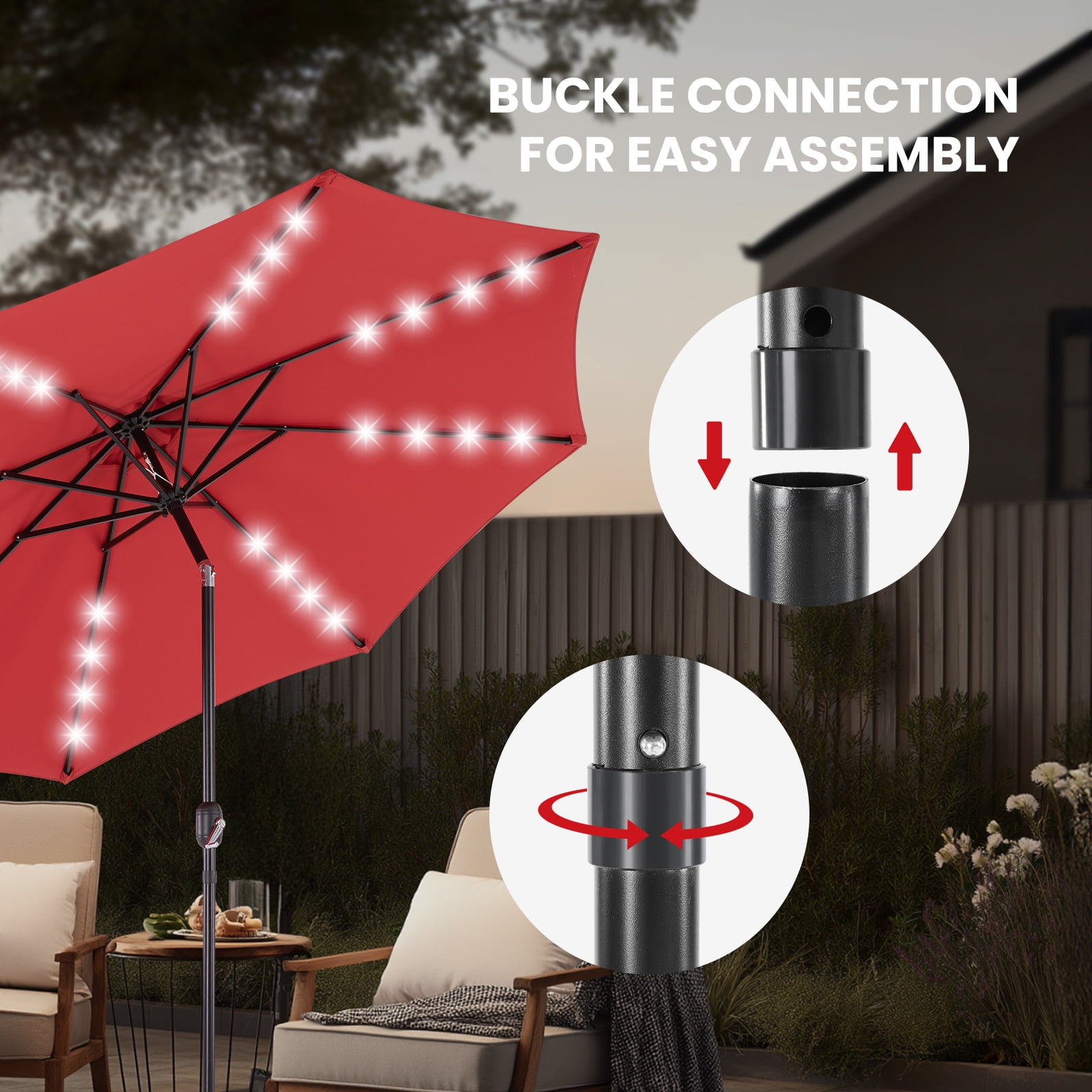 EDX 10ft Solar Polyester 32 LED Lighted Patio Umbrella with Tilt Adjustment and UV-Resistant Fabric,Red
