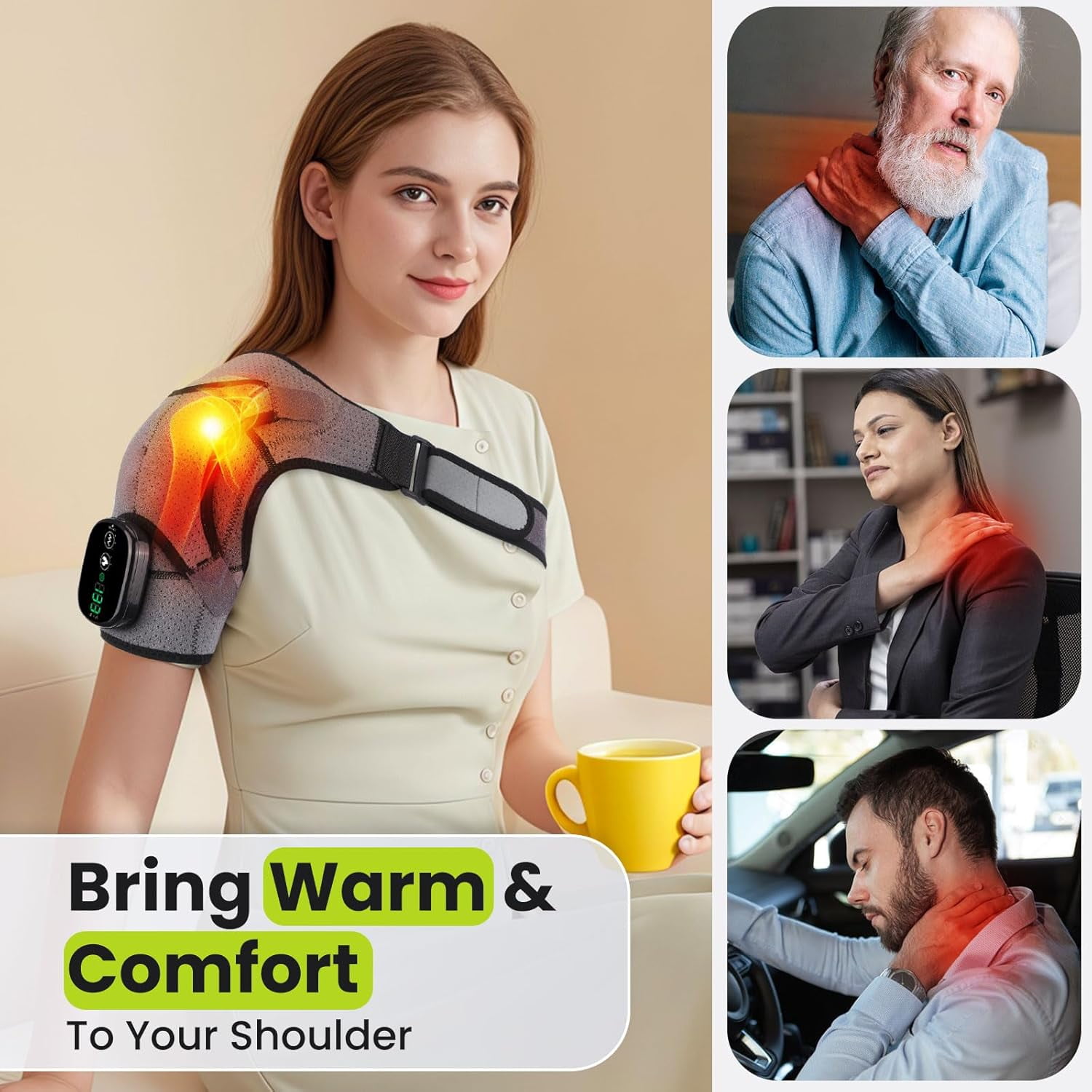 Cordless Shoulder Massager, Heated Shoulder Wrap with Vibration, Electric Shoulder Heating Pads Heated Shoulder Braces with 3 Heating Setting, Left Right Shoulder Massage for Men Women