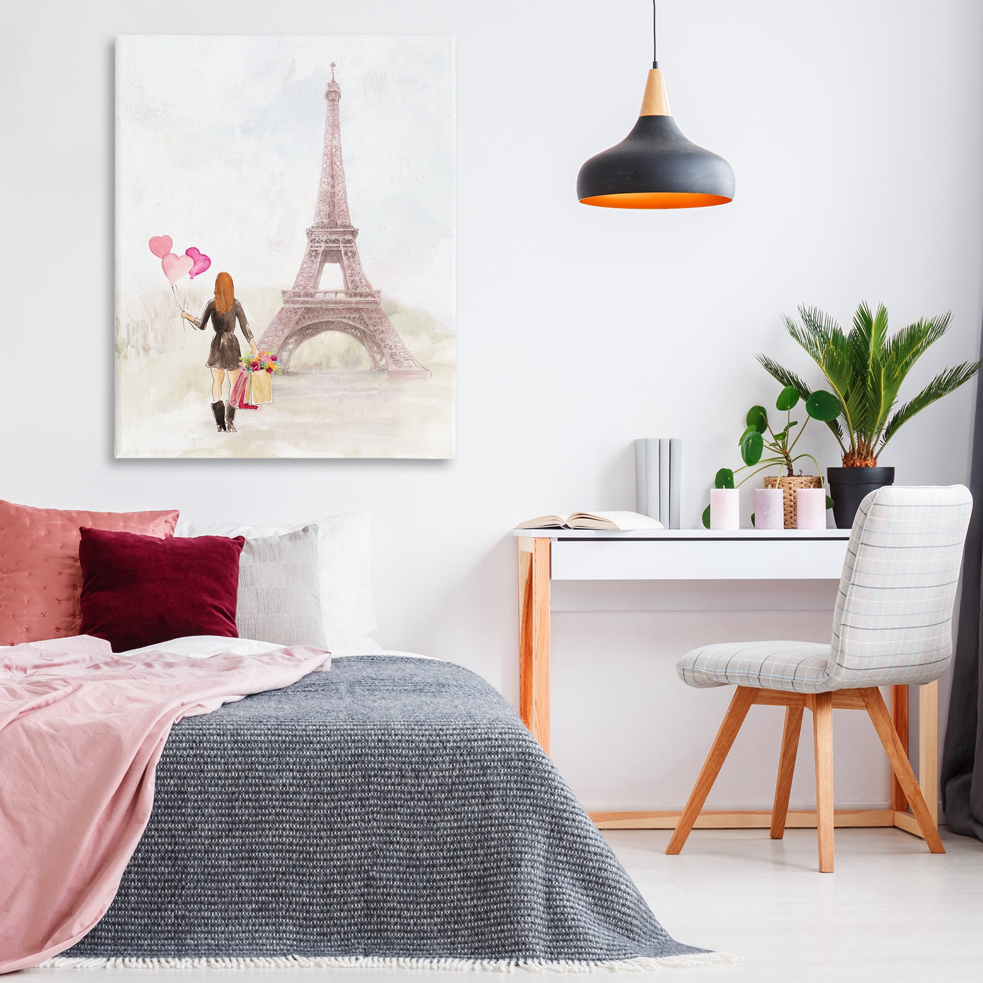 Stupell Industries Eiffel Tower & Heart Balloons Buildings & Architecture Painting Wrapped Canvas Art Print Wall Art, 36 x 48