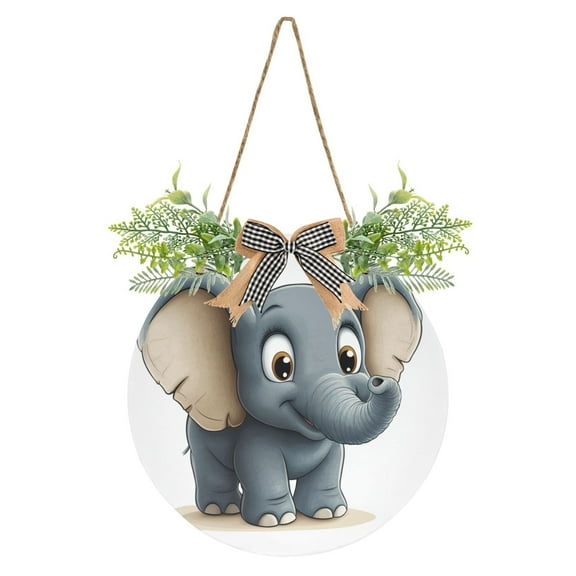 Cute Little Elephant Front Door Porch Decoration Hanging Sign with Artificial Green Plants and Bow for Home Outdoor Indoor