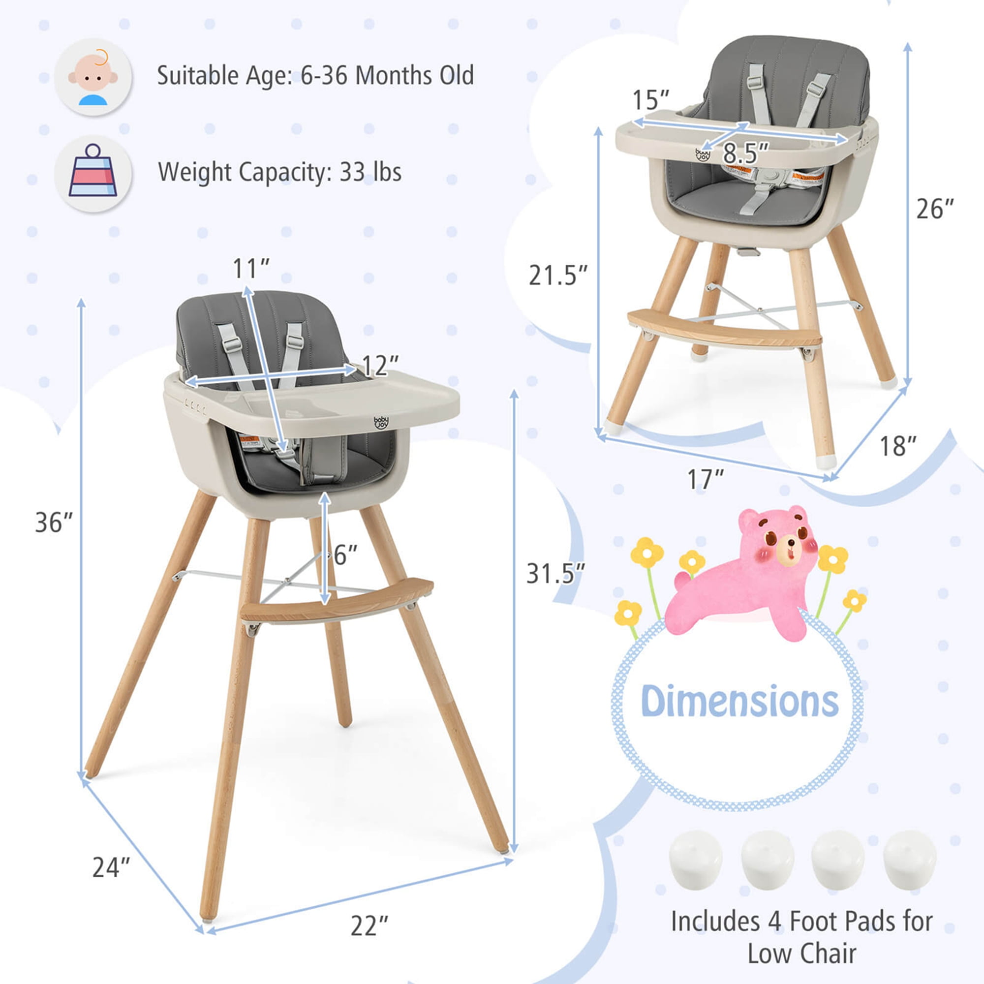 Babyjoy 3 in 1 Convertible Wooden High Chair Toddler Feeding Chair with Cushion Dark Gray