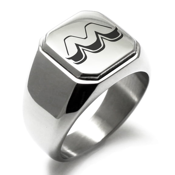 Stainless Steel Letter M Initial 3D Monogram Engraved Engraved Square Flat Top Biker Style Polished Signet Ring