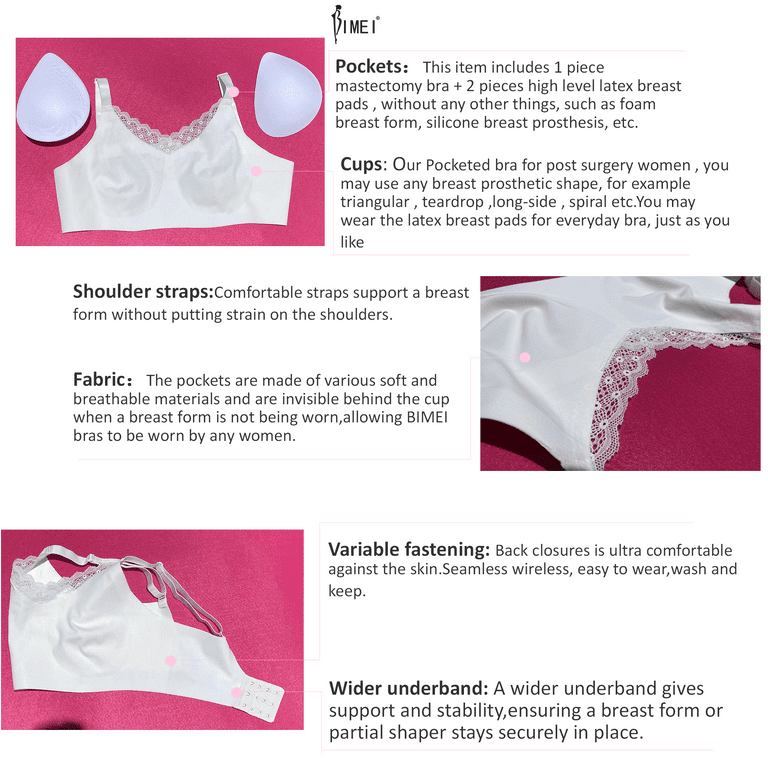 BIMEI Seamless Mastectomy Lace Bra for Women Breast Prosthesis with Pockets  Sleep Bras Soft Daily Bras with 2 Removable Pads,White,2XL