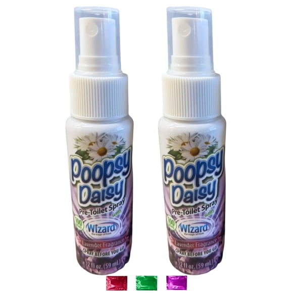 Poopsy Daisy Vaporisateur de Toilette Pré-Caca Parfum Lavande, Wizard Vaporisateur Pré-Caca avant de Partir, Parfum de Salle de Bain jusqu'à 100 Vaporisations Assainisseur d'Air Format Voyage 2 oz Lot de 2 avec Bonus Snoep en Oplage Perkte