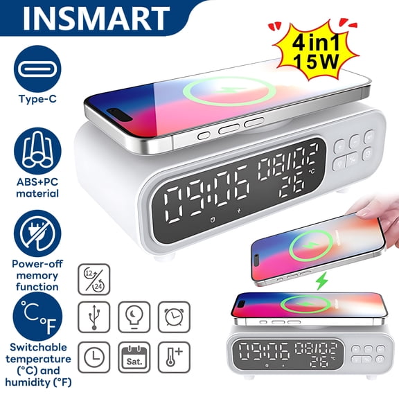INSMART 4-in-1 Wireless Charging Station with Digital Clock,Night Light, 15W Fast Charger for iPhone Samsung, Bedside Desk Home Office Car Organizer