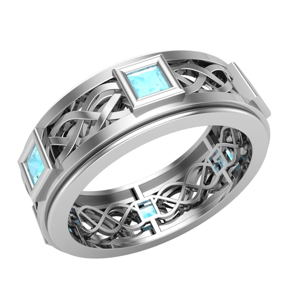 Wedding Bands for Men 9 MM Princess Cut Aquamarine 14K White Gold 1.70 CTW