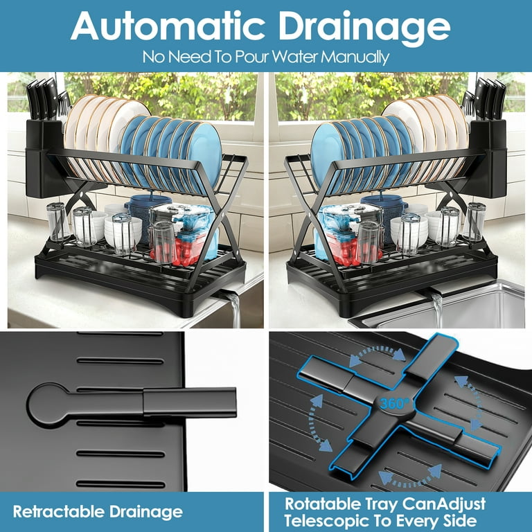  Dish Drying Rack, Collapsible Dish Rack for Kitchen Counter, 2  Tier Stainless Steel Dish Racks with Dish Drainer Board for Storage Dishes,  Foldable Countertop Plate Dryer Organizer with Utensil Holder