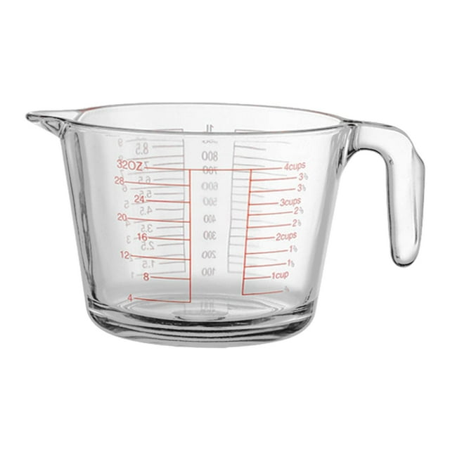 taza medidora transparente sunnimix taza de medir 21x13.5x11cm medidor de vidrio con escala visible en ml y tazas, asa ergonómica y pico vertedor inclinado en vista frontal sobre fondo blanco; adecuada para medición precisa en cocina y ideal para preparar recetas caseras.