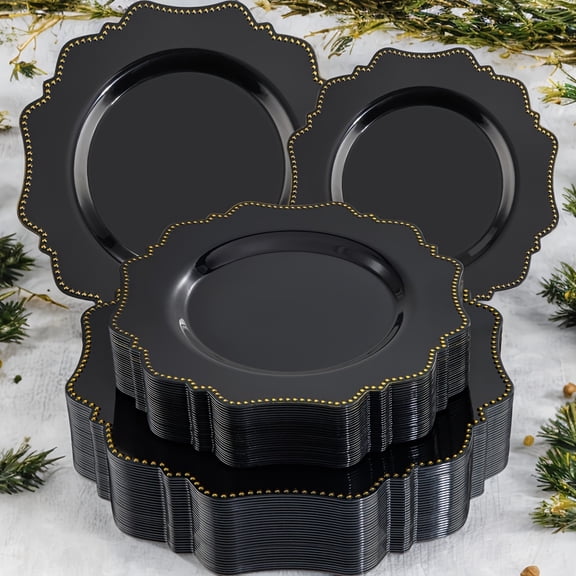 100pcs Heavy-Duty Disposable Plastic Plate Set - Elegant Golden Rim Black Dinner and Dessert Plates, Suitable for 50 Guests, Premium Party Tableware, Suitable for Weddings, Birthdays, Events