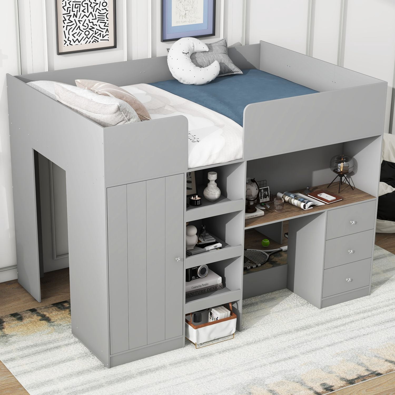Full Size Loft Bed Frame with Built-in Wardrobe, Desk, 3 Drawers and Storage Shelves, Wood and MDF, No Box Spring Required