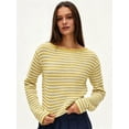 thumbnail image 5 of Women's Boat Neck Striped Open Knit Relaxed Fit Pullover Sweater Yellow L, 5 of 8