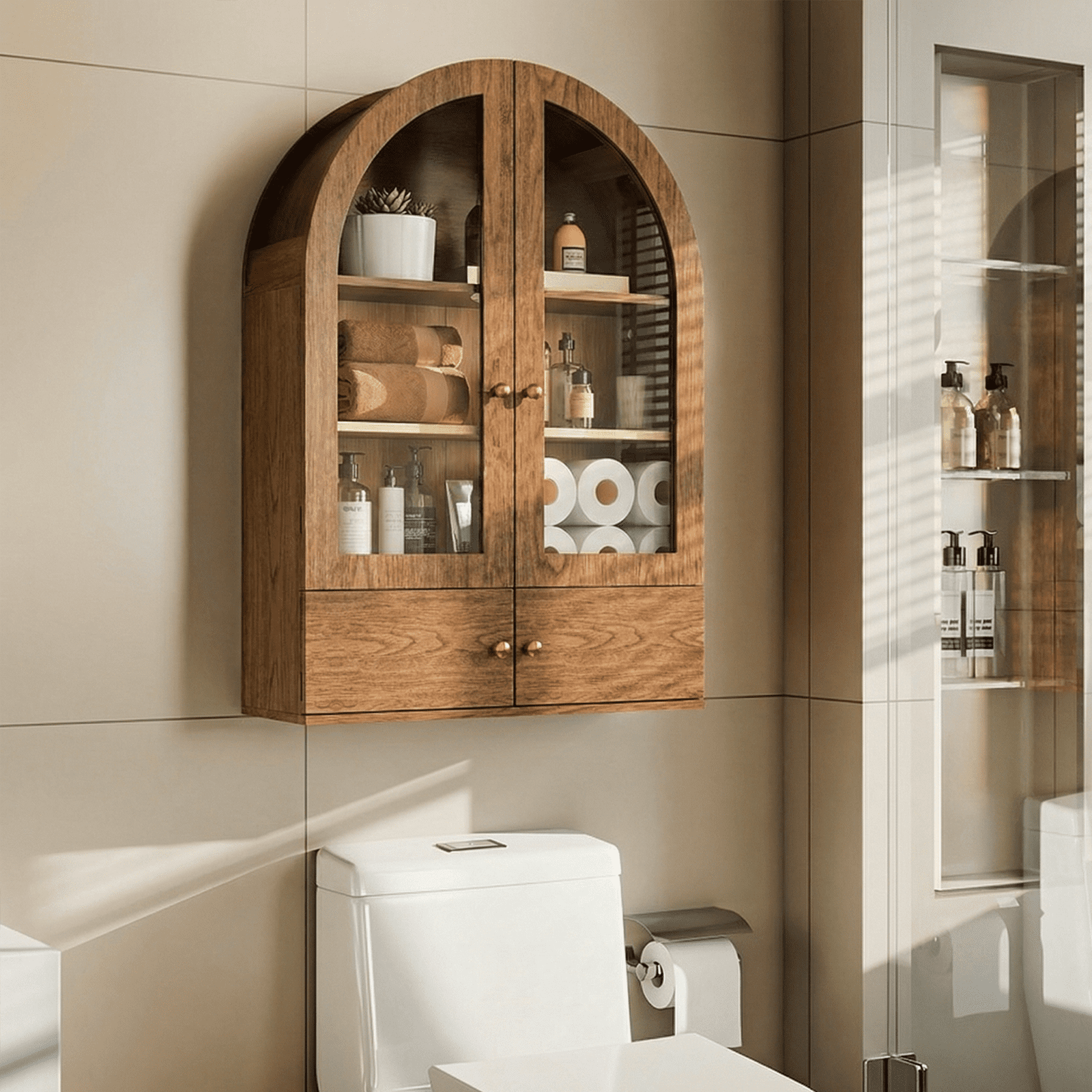 Flictozena Wall Mounted Arched Medicine Cabinet, Bathroom Storage Cabinet with Glass Doors and Adjustable Shelves, Over The Toilet Floating Cabinet for Small Spaces, Brown