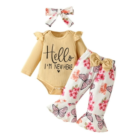 

XINSDOAKK Outfit Baby Girl Coming Home Outfit Girl Set Ribbed Knitted Cotton Long Sleeve Romper Long Pants Fall Winter Outfits (White 9-12 Months)