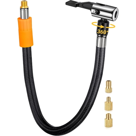 Tire Inflator Hose Adapter with 360-Degree Swivel Tire Air Chuck, 11 Inch Lock On Air Hose with Rotating Nozzle & Converting Nuts, Schrader Valve Adapter for Tire Pump Connect Air Compressor