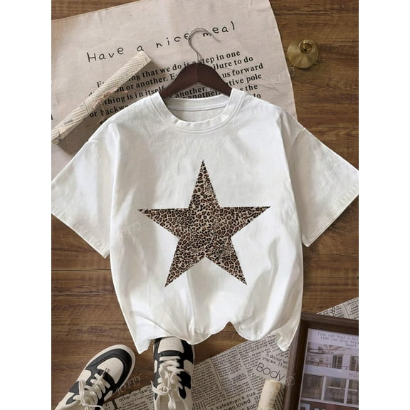 White T - Shirt with Leopard Star Print