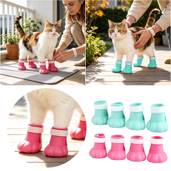 4-Pack Silicone Cat Shoes Protective Pet Boots with Adjustable Straps Anti-Scratch Grooming Paws for Bathing Shaving