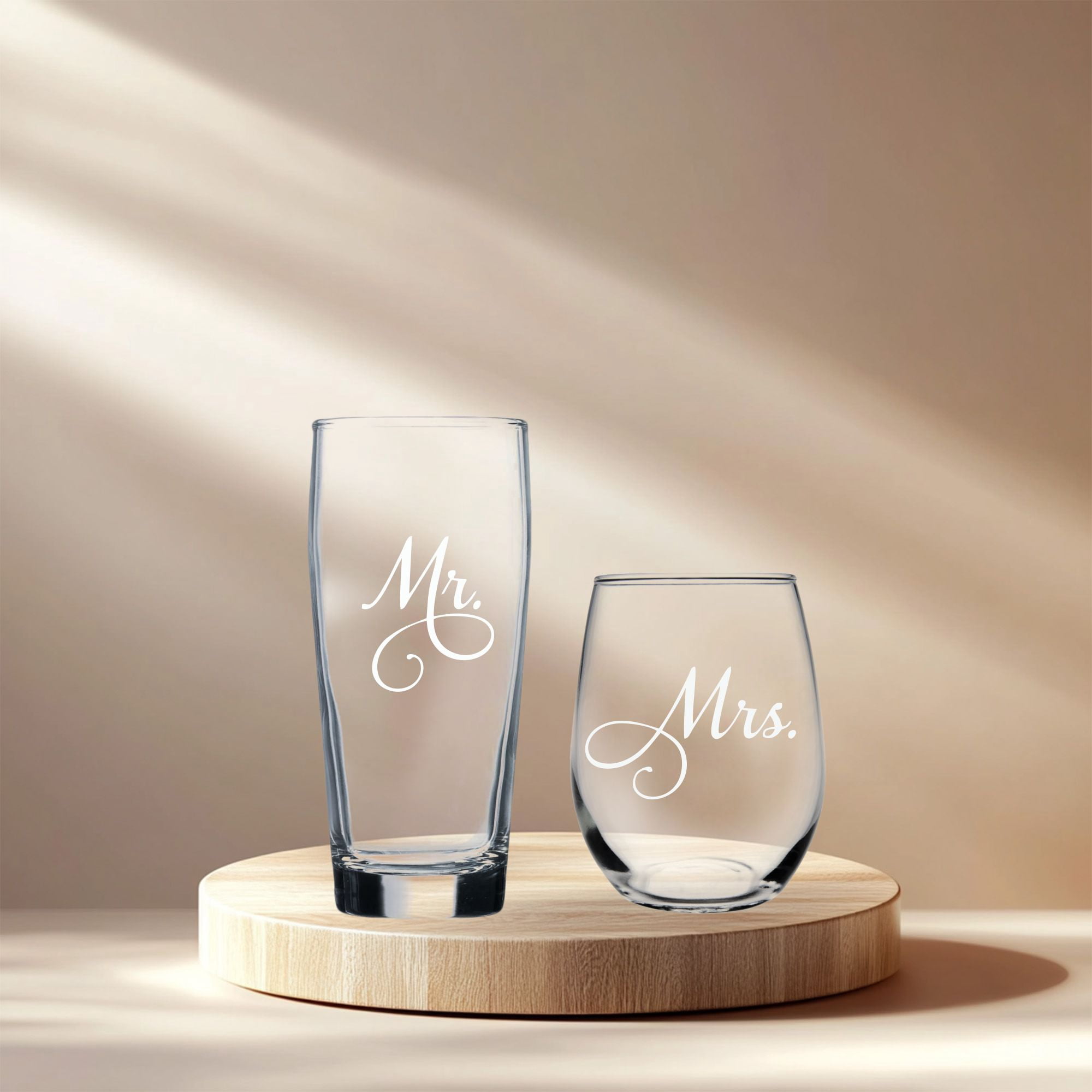 C&M Personal Gifts Mr. 20 oz Beer and Mrs. 15 oz Stemless Wine Glass Set of 2 - Bridal, Engagement, Weddings, Couple Gift