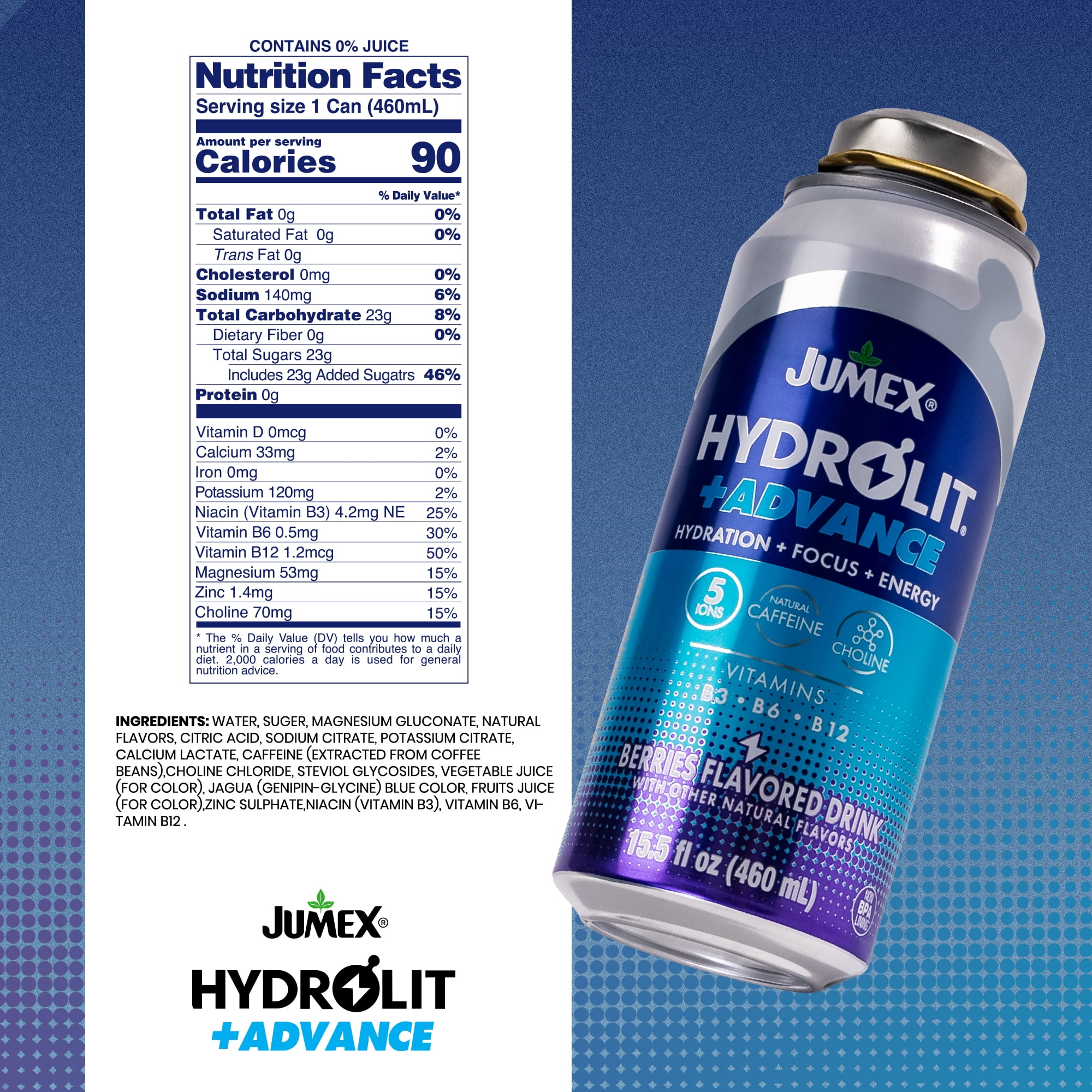 (12 pack) Jumex Hydrolit+Advance Berries Energy & Hydration Drink, 15.5 Fl oz