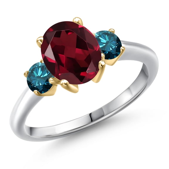 Gem Stone King 925 Silver and 10K Yellow Gold Red Rhodolite Garnet and Blue Diamond Engagement Ring for Women | 2.54 Cttw | Oval 9X7MM | Gemstone January Birthstone | Size 9