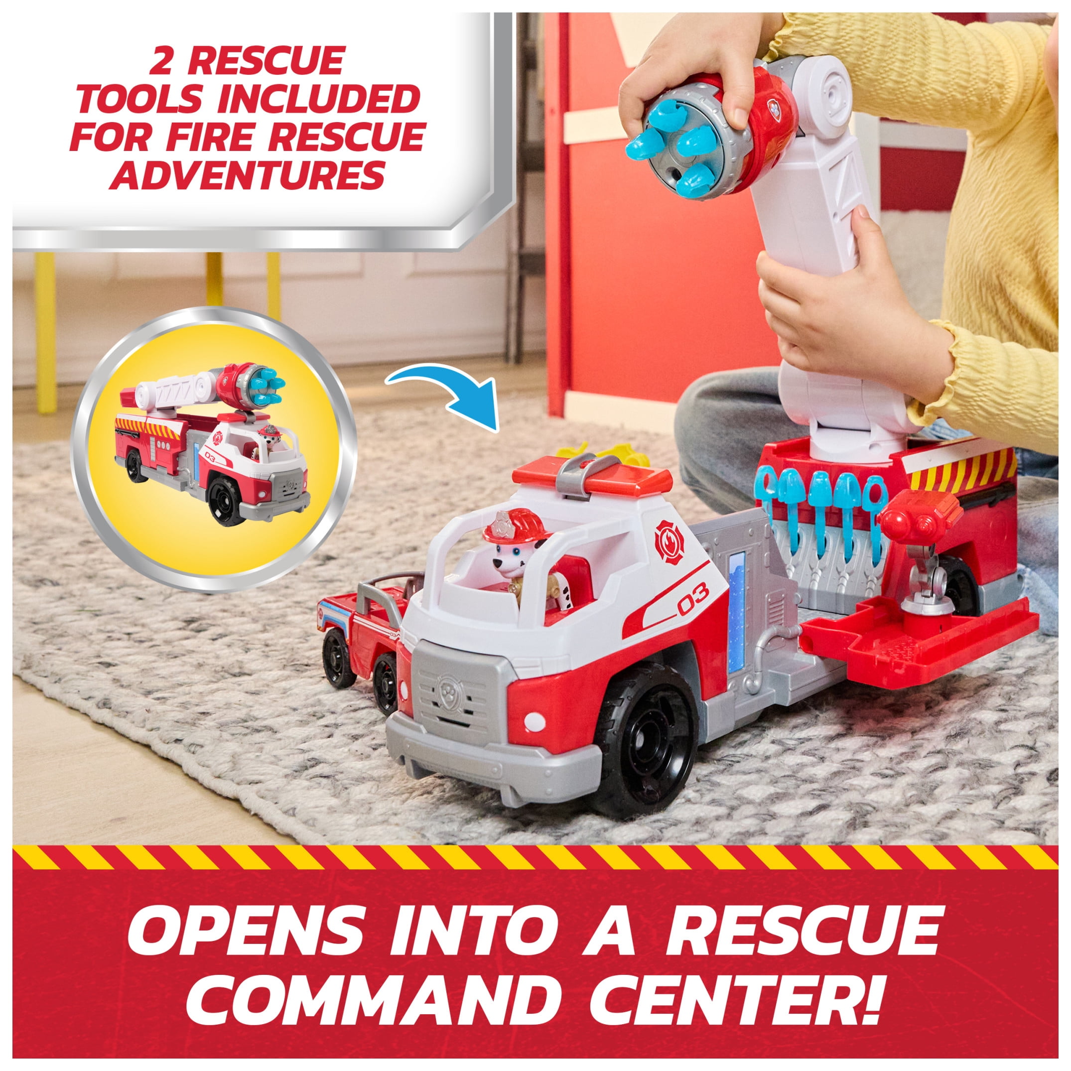 PAW Patrol Fire Rescue: Rapid Reload Fire Truck with Marshall, Projectile Launcher, Mini Vehicle & Sound Fx, for Kids 3+