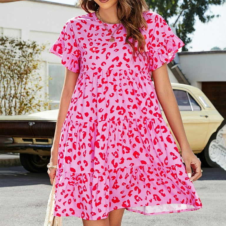 symoid Maxi Dress for Women- Spring Summer Leopard Printed Floral Crew Neck  Casual Loose Dress Hot Pink XL