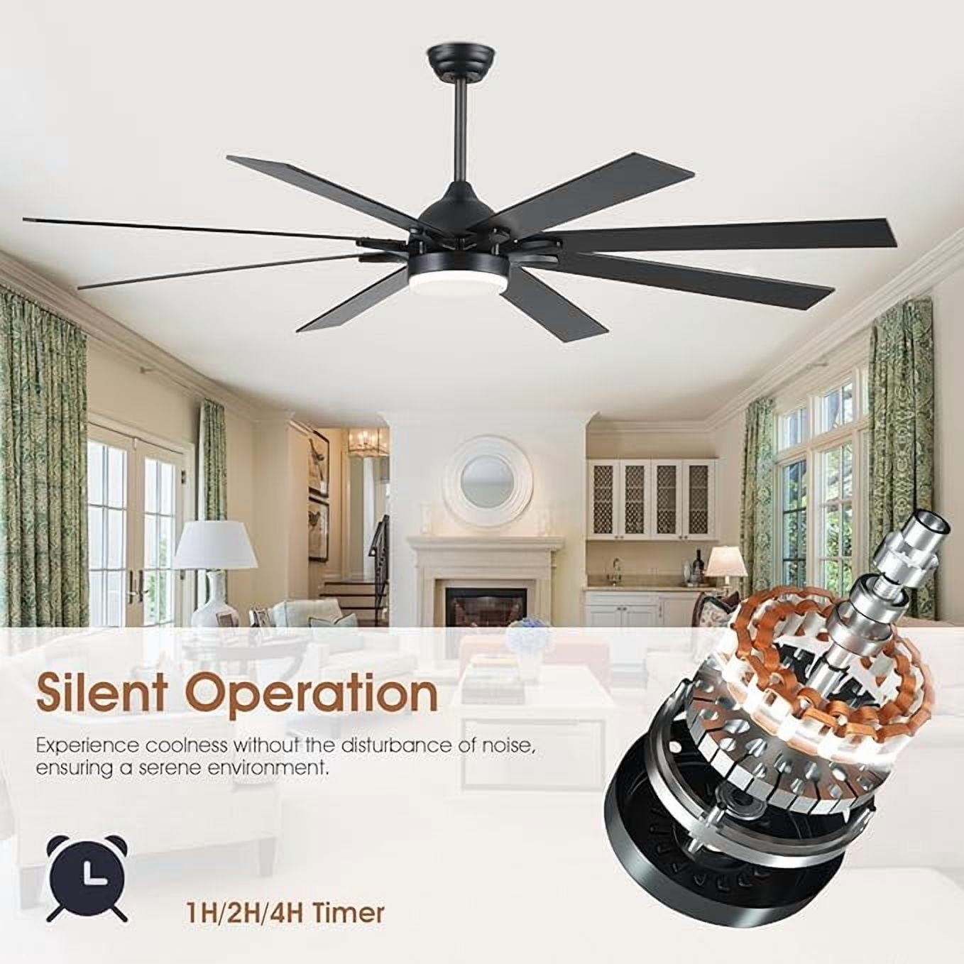 PHORUS 72" Modern Ceiling Fan with LED Light, Quiet Reversible Motor, 6-Speed Remote Control, Adjustable Height, Black – Indoor & Covered Patio