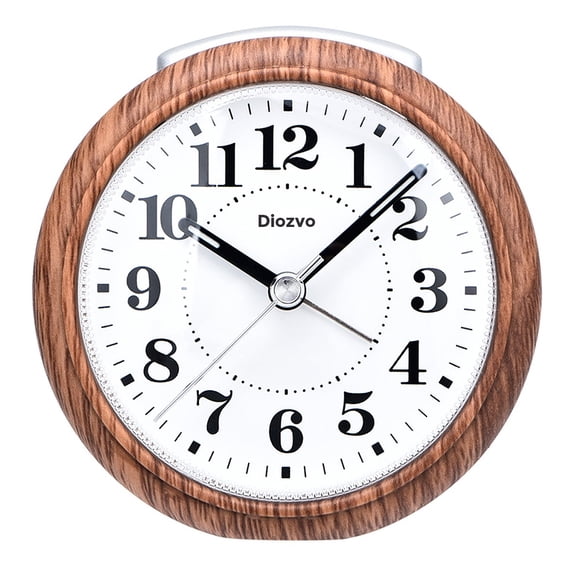Diozvo Alarm clocks, Wood Analog Alarm Clock - Round Battery-Operated Non-Ticking Clock with Snooze Button and Light - Brown