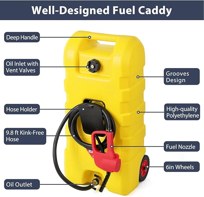 15 Gallon Fuel Caddy Portable Fuel Transfer Tank with LE Siphon Pump & 10ft Delivery Hose – Diesel & Gasoline Fuel Tank On Wheels for Cars, Lawn Mowers, ATVs & Boats - Yellow